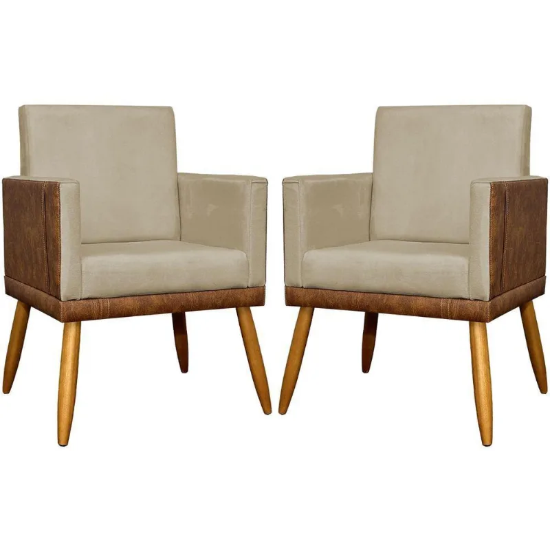 Kit 2 Poltronas Decorativas Lis Corino e Pé Palito 30cm - Nude Suede Corino