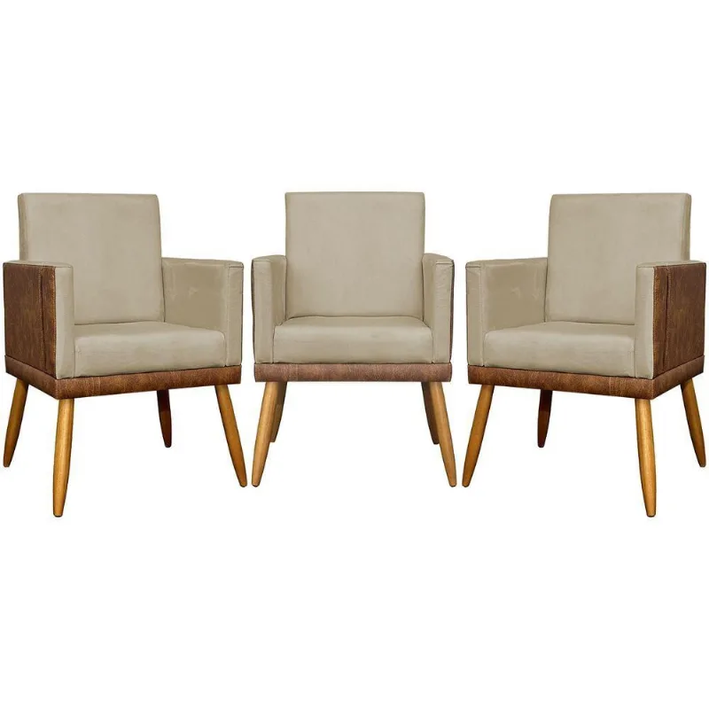 Kit 3 Poltronas Decorativas Lis Corino e Pé Palito - Nude Suede Corino