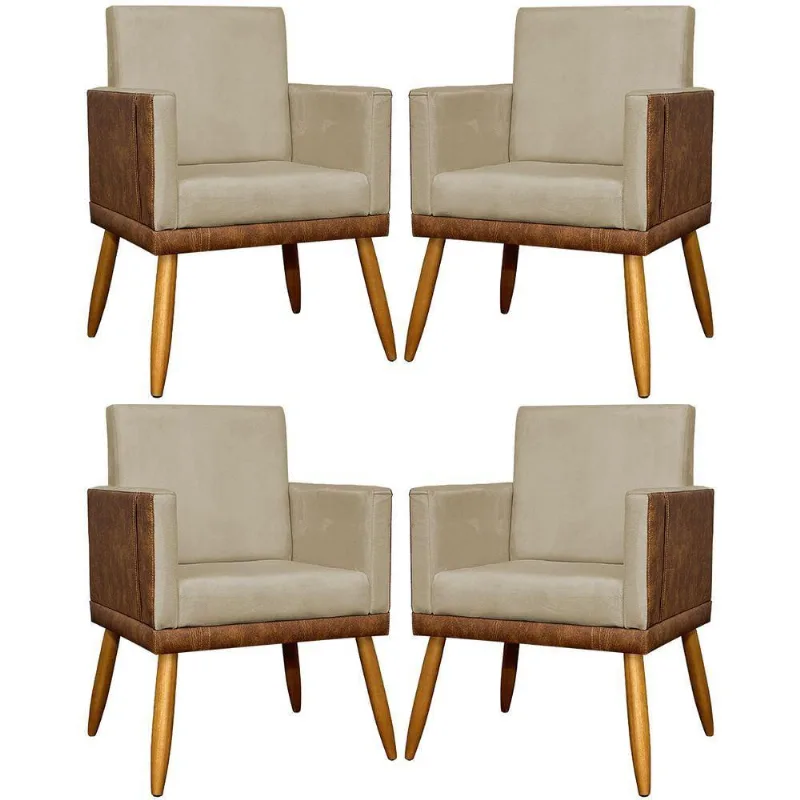 Kit 4 Poltronas Modernas Lis Corino e Pé 30cm - Nude Suede Corino