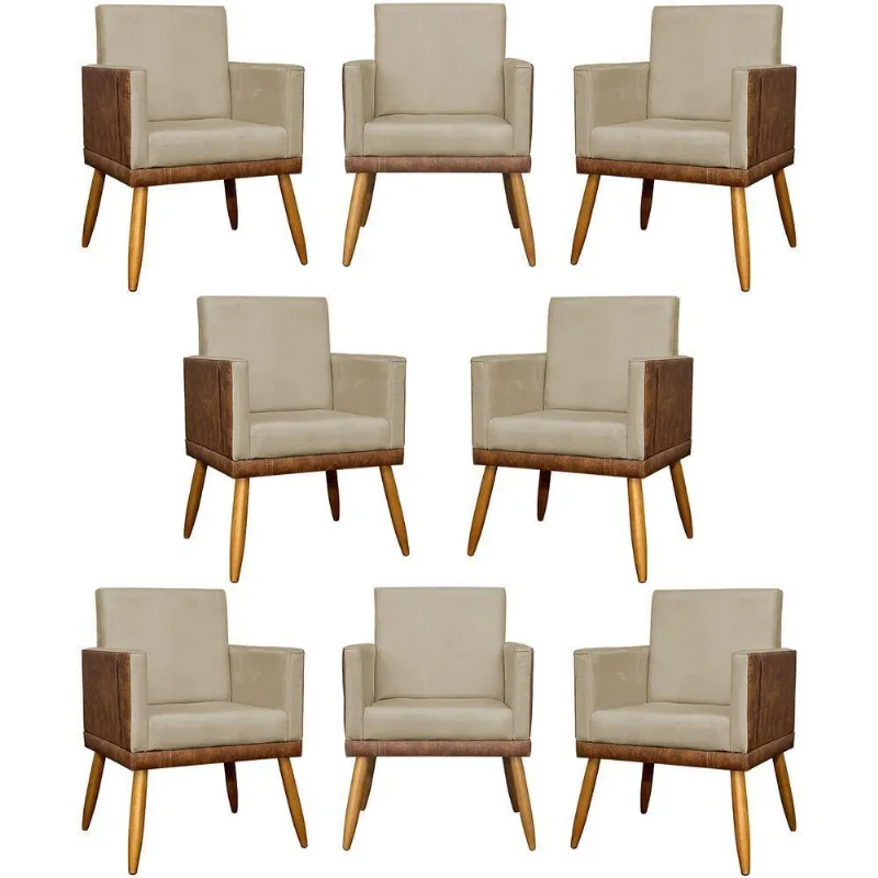 Kit 8 Poltronas Decorativas Modernas Para Recepção Lis Corino Pé 30 Cm - Nude Suede Corino