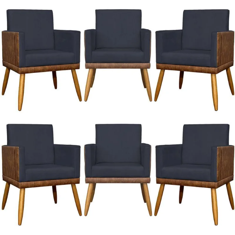 Kit 6 Poltronas Decorativas Para Escritório Lis Corino e Pé 30cm - Preto Suede Corino
