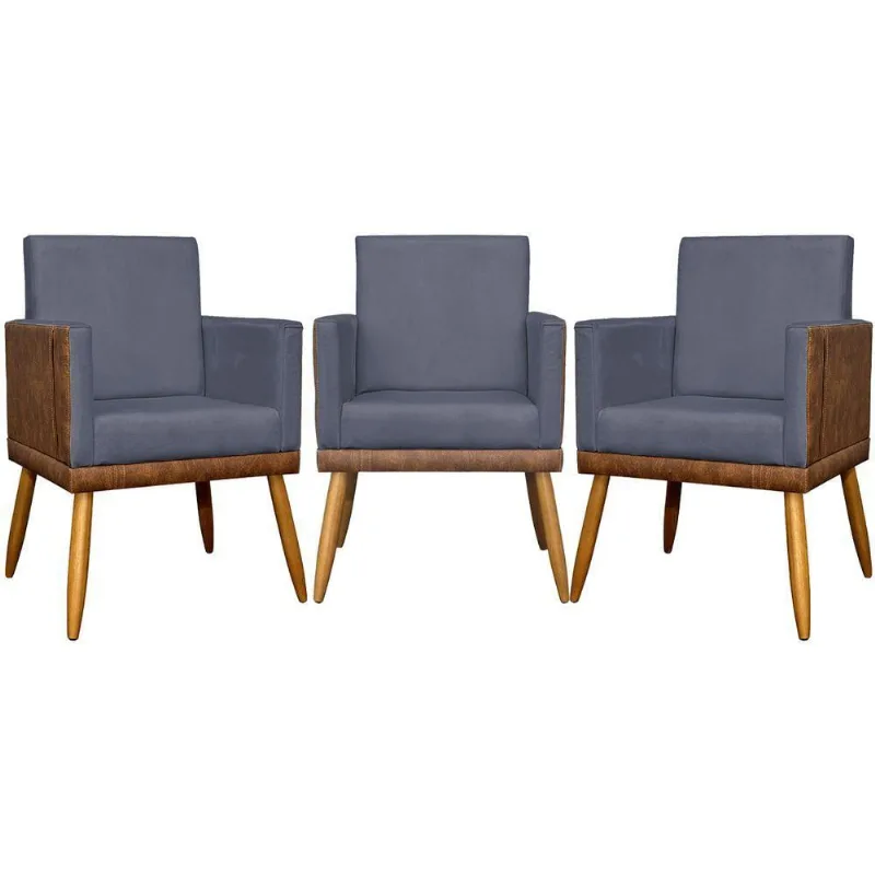 Kit 3 Poltronas Decorativas Lis Corino e Pé Palito - Cinza Suede Corino