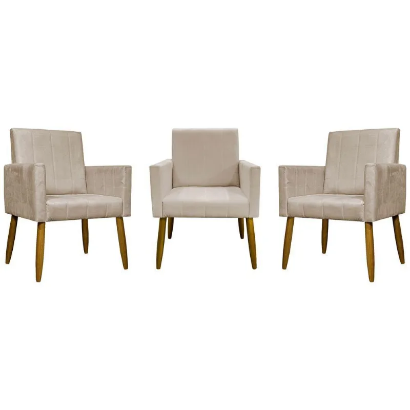 Kit 3 Poltronas Decorativas Confortáveis Mari - Bege Suede