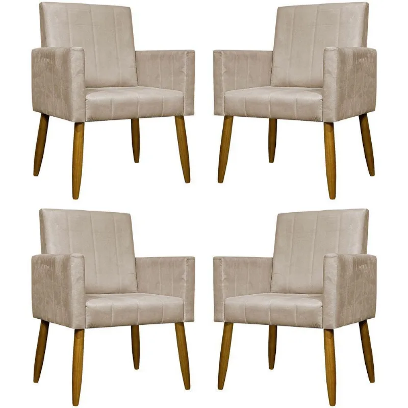 Kit 4 Poltronas Decorativas Mari Suede Pé Palito Castanho - Bege Suede