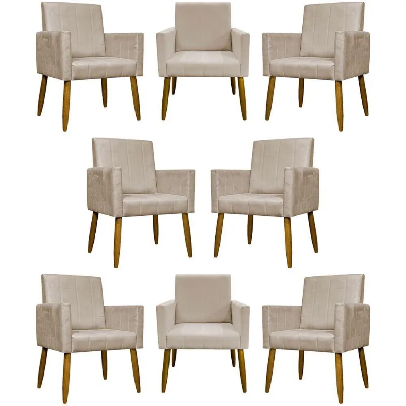 Kit 8 Poltronas Decorativas Mari Pé Palito Castanho - Bege Suede