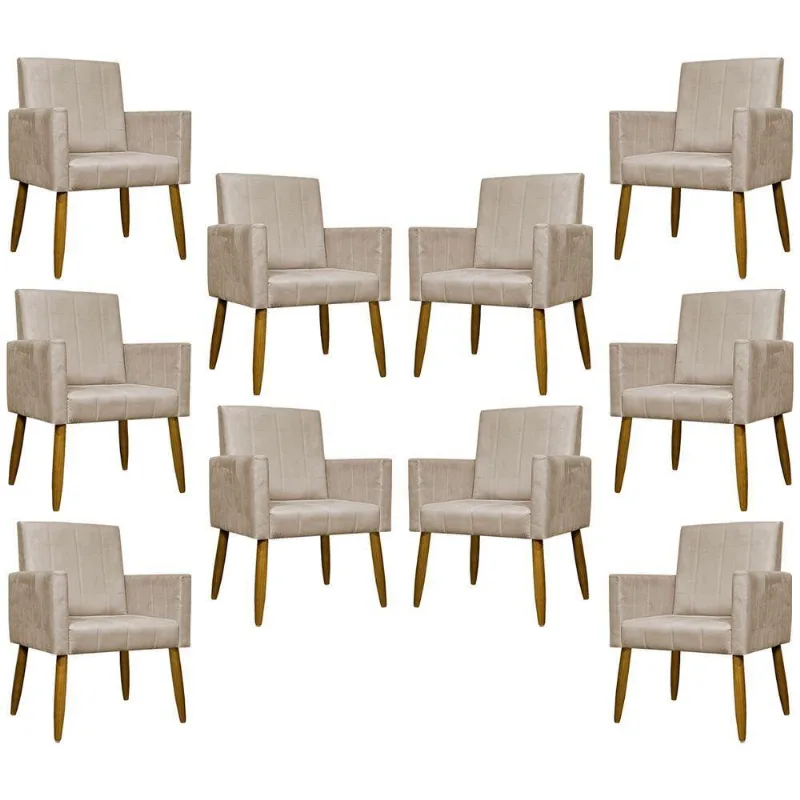 Kit 10 Poltronas Decorativas Mari Pé Palito Castanho - Bege Suede