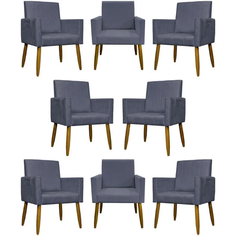 Kit 8 Poltronas Decorativas Mari Pé Palito Castanho - Cinza Suede