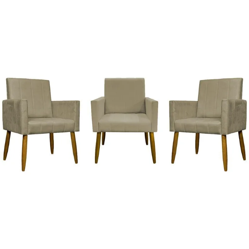 Kit 3 Poltronas Decorativas Confortáveis Mari - Nude Suede