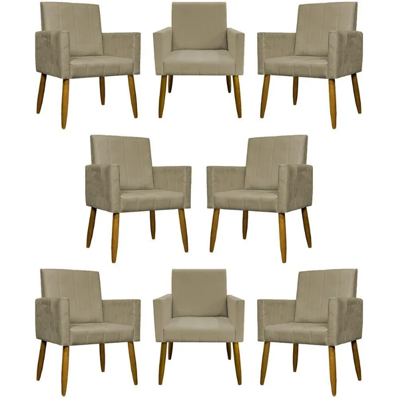 Kit 8 Poltronas Decorativas Mari Pé Palito Castanho - Nude Suede