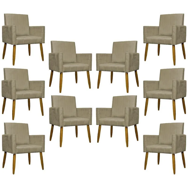Kit 10 Poltronas Decorativas Mari Pé Palito Castanho - Nude Suede