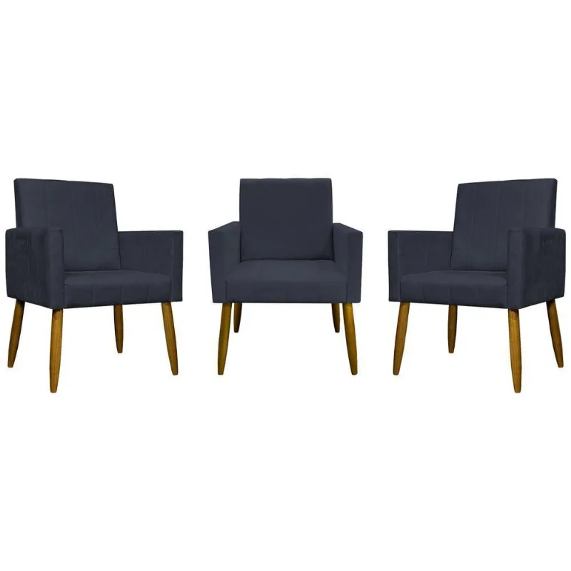Kit 3 Poltronas Decorativas Confortáveis Mari - Preto Suede
