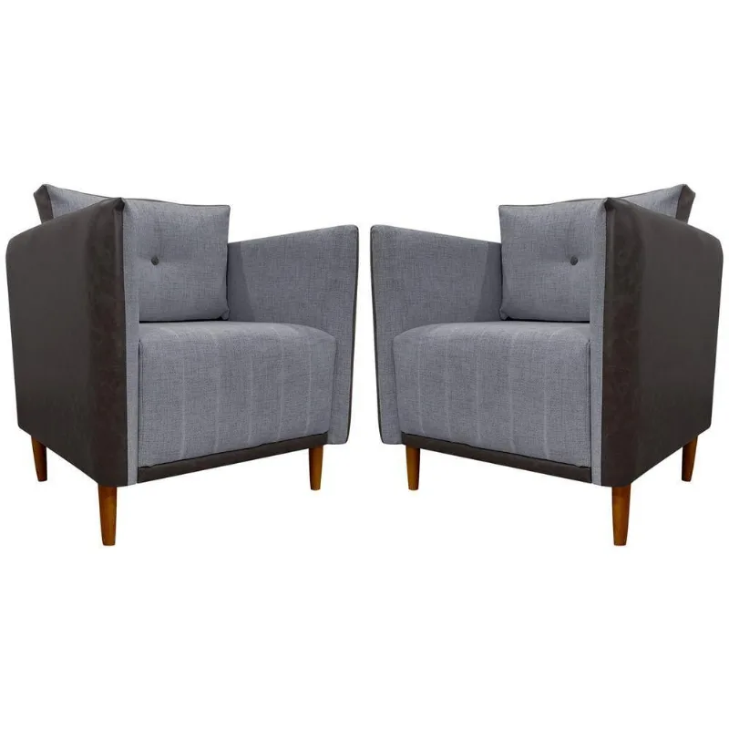 Kit 2 Poltronas Decorativa Para Sala Recepção Consultório Aviv Luxo Corino E Linho