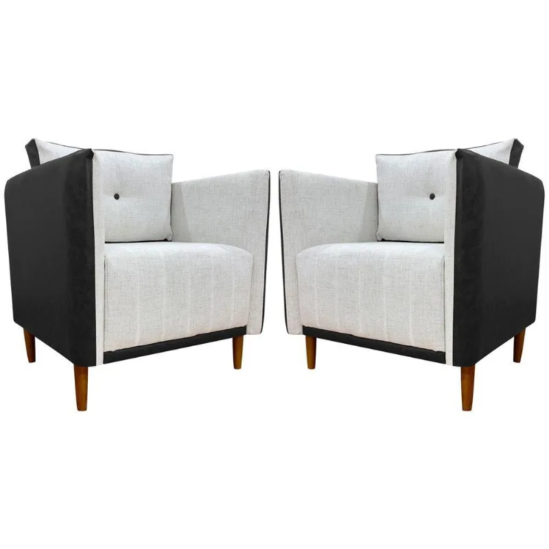 Kit 2 Poltronas Decorativa Para Sala Recepção Consultório Aviv Luxo Corino E Linho