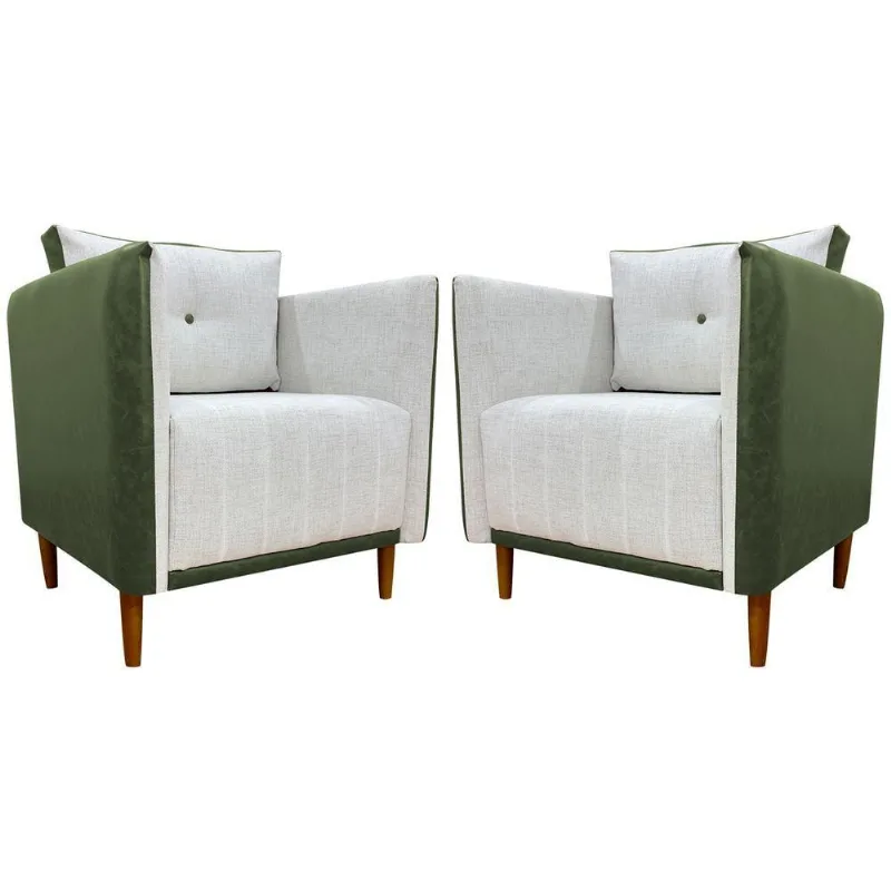Kit 2 Poltronas Decorativa Para Sala Recepção Consultório Aviv Luxo Corino E Linho