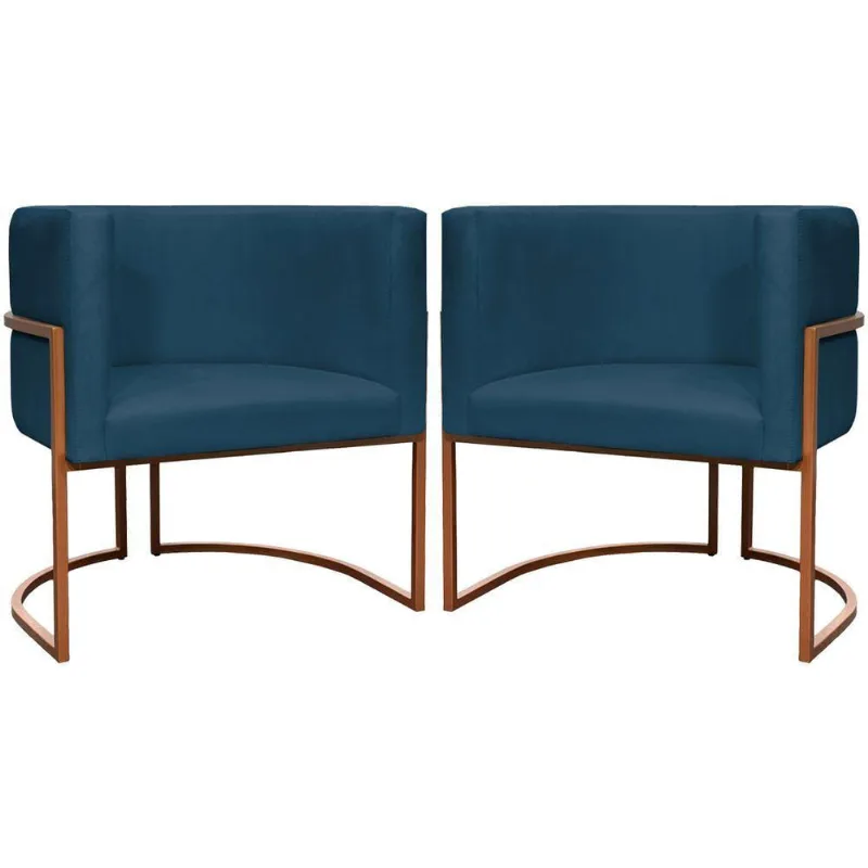 Kit 2 Poltronas Para Sala De Recepção Luna Suede Cores Base De Ferro Bronze - Azul-marinho, Suede
