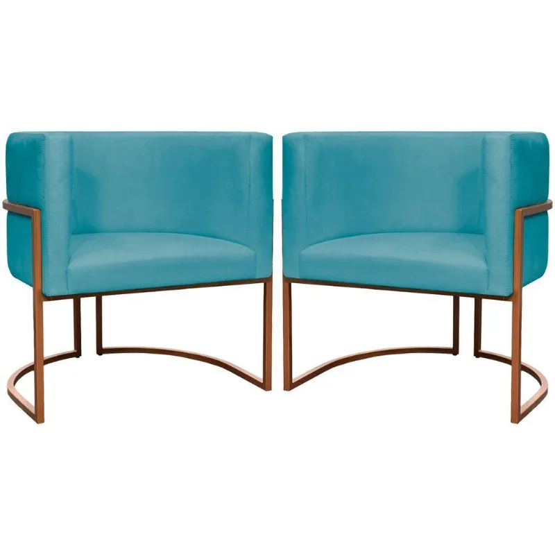 Kit 2 Poltronas Para Sala De Recepção Luna Suede Cores Base De Ferro Bronze - Azul-turquesa, Suede