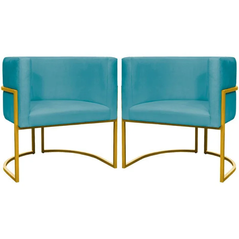 Kit 2 Poltronas Cadeira Para Sala De Luna Suede Cores Base Dourada - Azul-turquesa, Suede