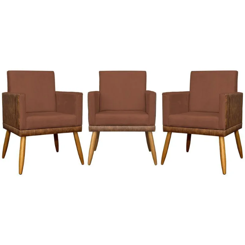 Kit 3 Poltronas Decorativas Lis Corino e Pé Palito - Terracota Suede Corino