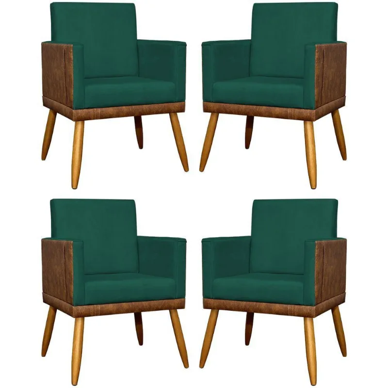 Kit 4 Poltronas Modernas Lis Corino e Pé 30cm - Verde Suede Corino