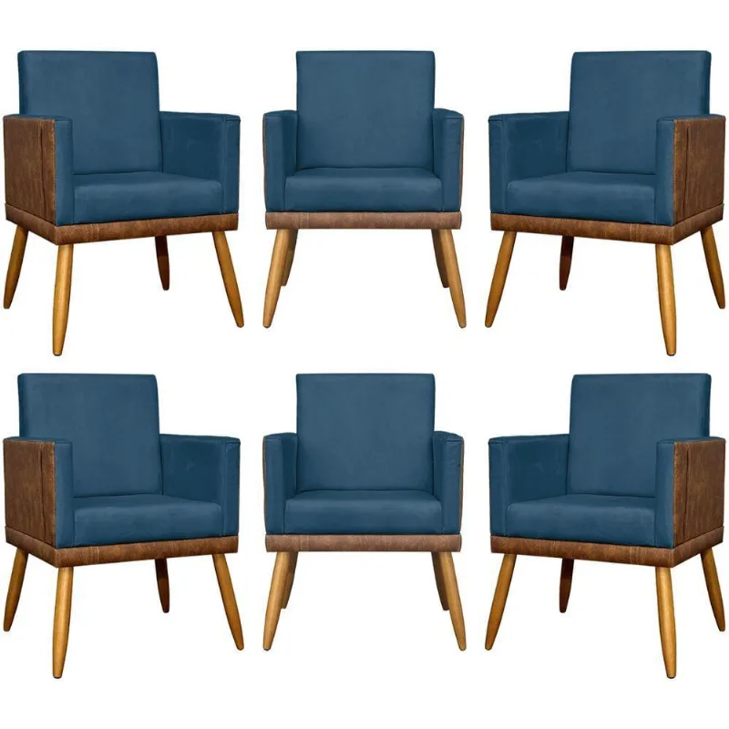 Kit 6 Poltronas Decorativas Para Escritório Lis Corino e Pé 30cm - Azul-marinho Suede Corino