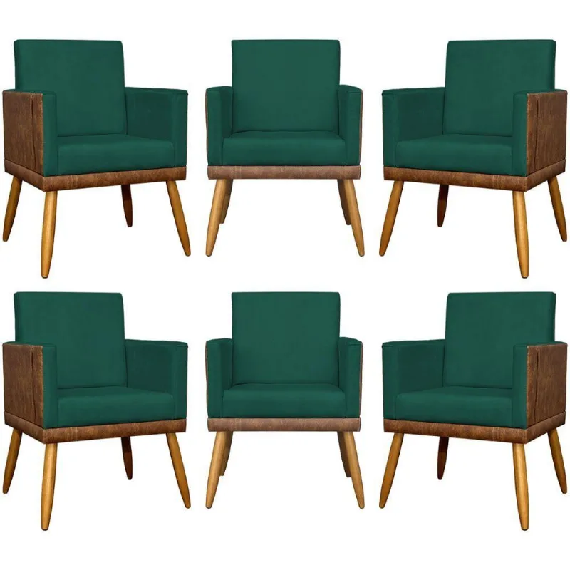 Kit 6 Poltronas Decorativas Para Escritório Lis Corino e Pé 30cm - Verde Suede Corino