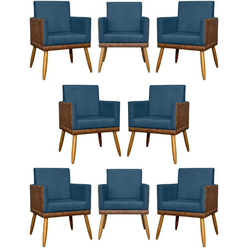 Kit 8 Poltronas Decorativas Modernas Para Recepção Lis Corino Pé 30 Cm - Azul-marinho Suede Corino