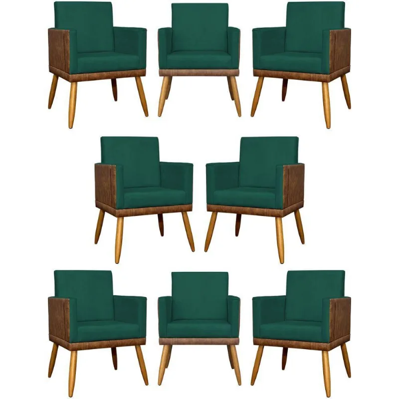 Kit 8 Poltronas Decorativas Modernas Para Recepção Lis Corino Pé 30 Cm - Verde Suede Corino