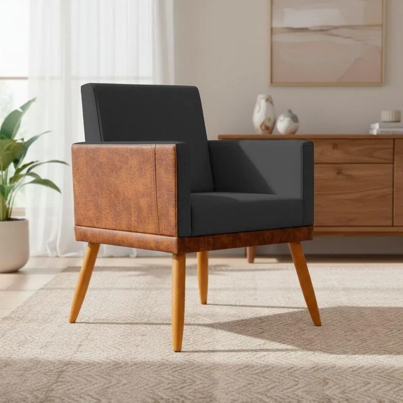 Poltrona Decorativa Lis Assento Confortável Linho Corino Pé Palito Marrom Clique & Decore