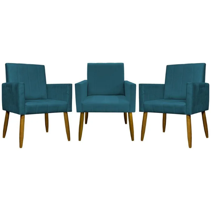 Kit 3 Poltronas Decorativas Confortáveis Mari - Azul-marinho Suede