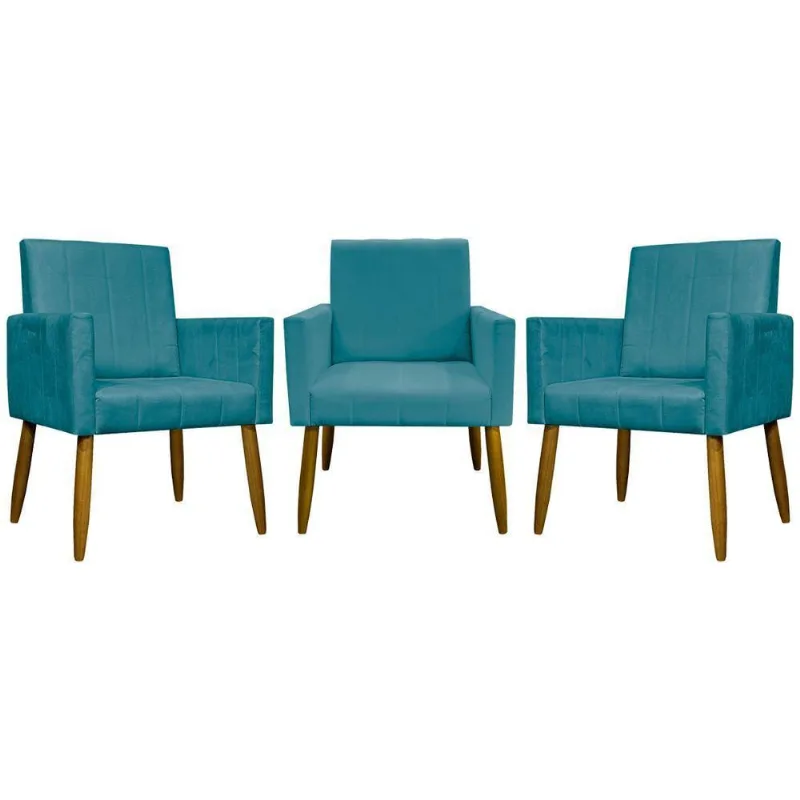 Kit 3 Poltronas Decorativas Confortáveis Mari - Azul-turquesa Suede