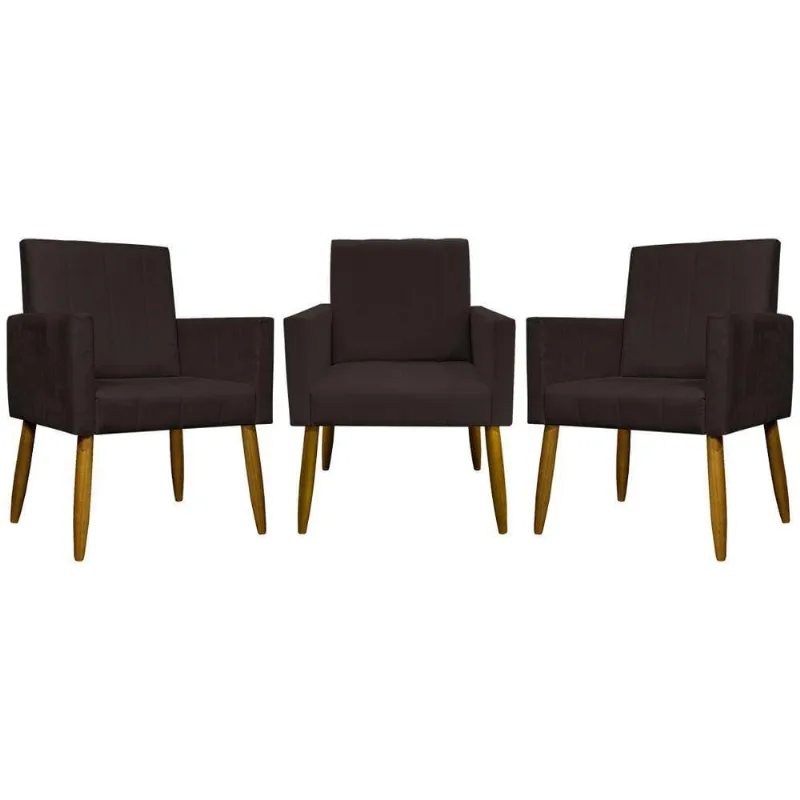 Kit 3 Poltronas Decorativas Confortáveis Mari - Marrom Suede