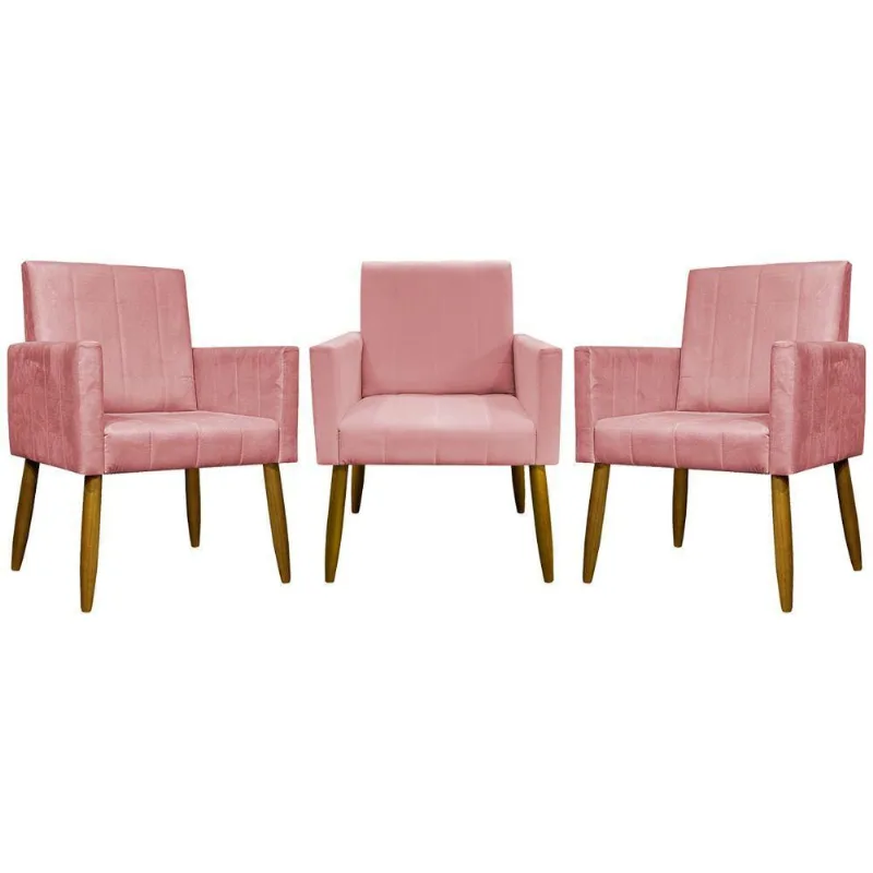 Kit 3 Poltronas Decorativas Confortáveis Mari - Rosê Suede