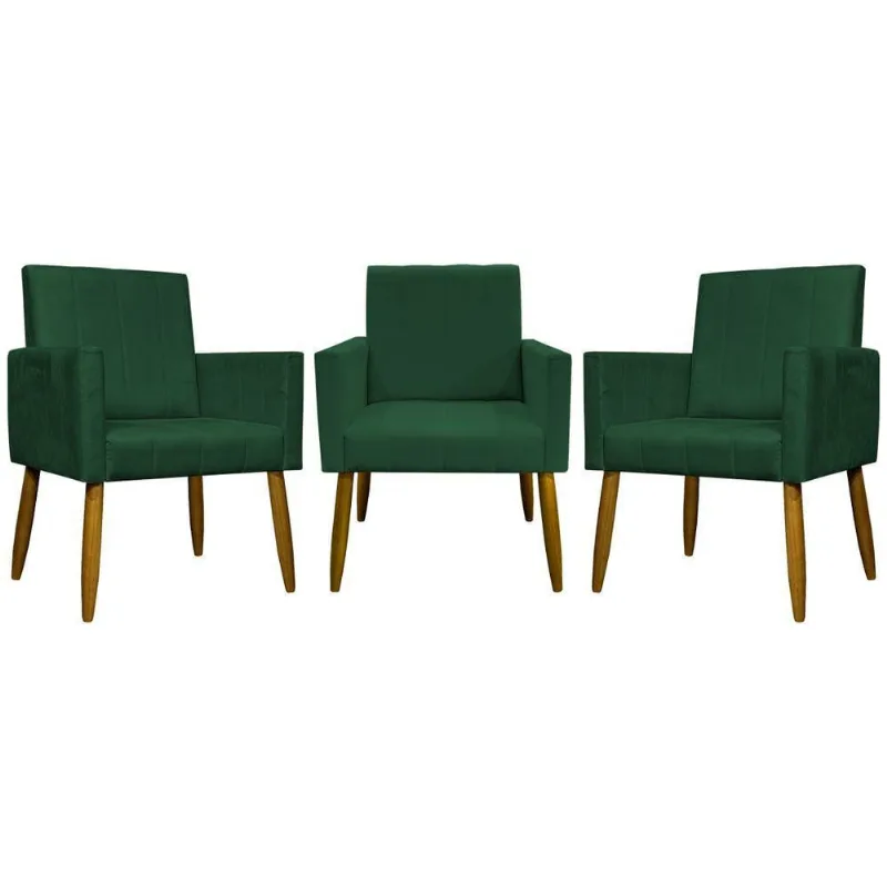 Kit 3 Poltronas Decorativas Confortáveis Mari - Verde Suede