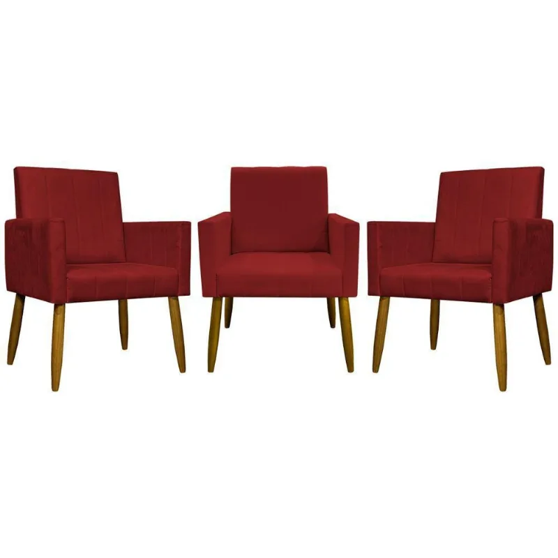 Kit 3 Poltronas Decorativas Confortáveis Mari - Vermelho Suede
