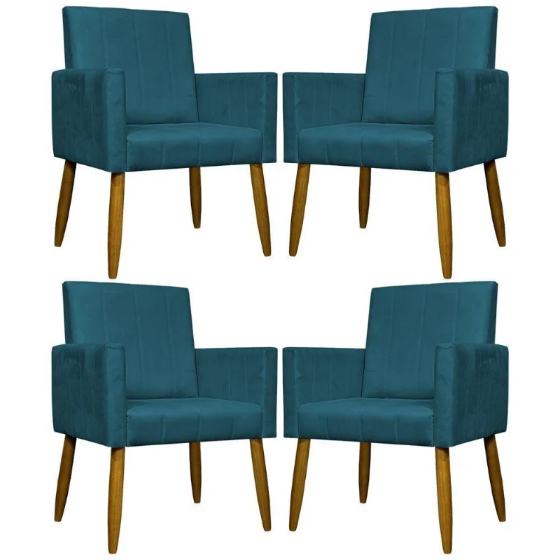 Kit 4 Poltronas Decorativas Mari Suede Pé Palito Castanho - Azul-marinho Suede
