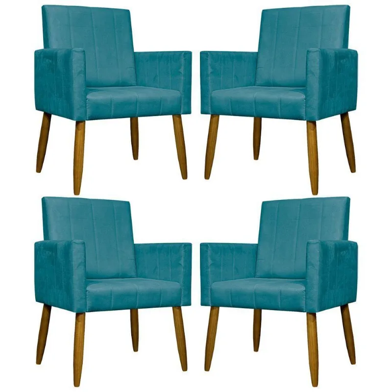 Kit 4 Poltronas Decorativas Mari Suede Pé Palito Castanho - Azul-turquesa Suede