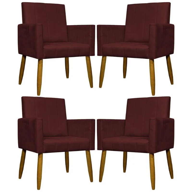 Kit 4 Poltronas Decorativas Mari Suede Pé Palito Castanho - Bordô Suede