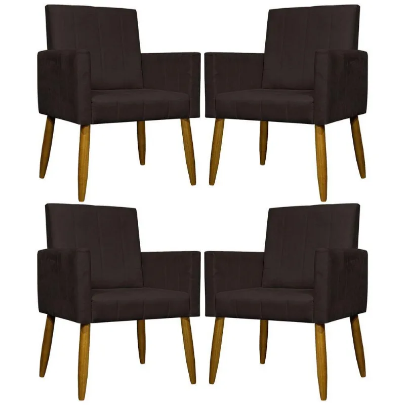 Kit 4 Poltronas Decorativas Mari Suede Pé Palito Castanho - Marrom Suede