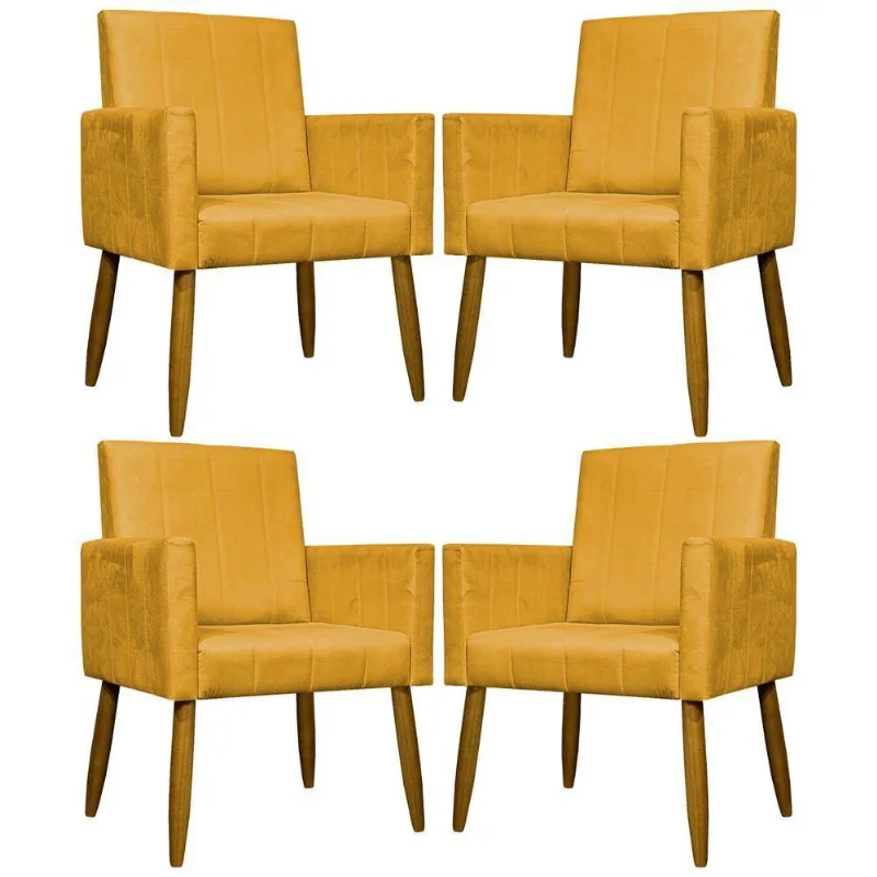 Kit 4 Poltronas Decorativas Mari Suede Pé Palito Castanho - Mostarda Suede
