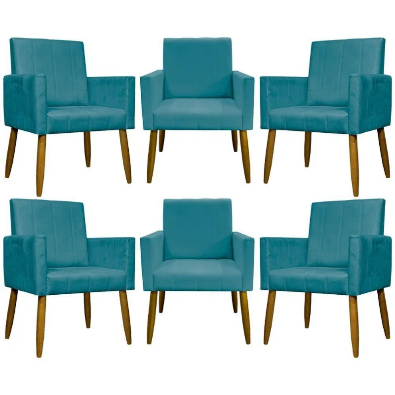 Kit 6 Poltronas Decorativas Mari - Azul-turquesa Suede