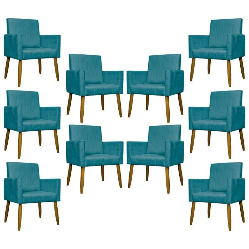 Kit 10 Poltronas Decorativas Mari Pé Palito Castanho - Azul-turquesa Suede