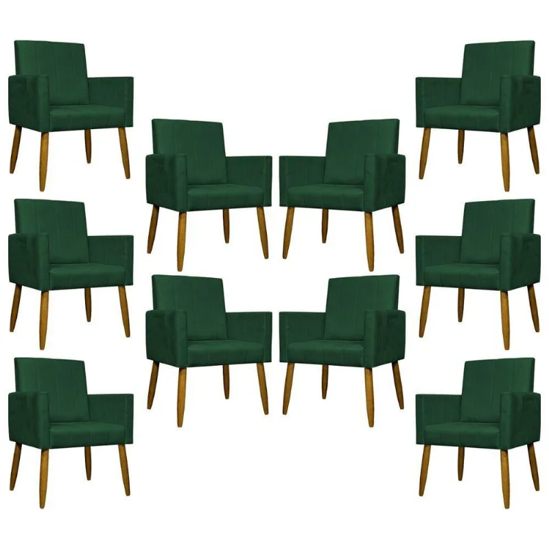 Kit 10 Poltronas Decorativas Mari Pé Palito Castanho - Verde Suede