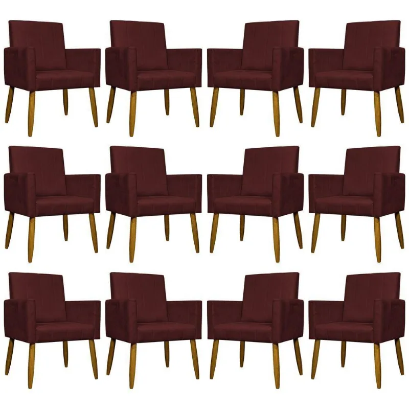 Kit 12 Poltronas Decorativas Mari Pé Palito Castanho - Bordô Suede