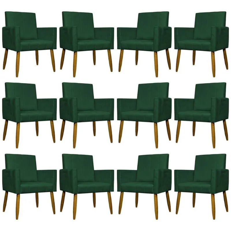 Kit 12 Poltronas Decorativas Mari Pé Palito Castanho - Verde Suede