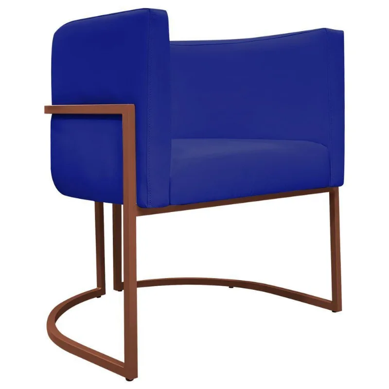Poltrona Decorativa Recepção Luna Base De Ferro Bronze - Azul-royal Corino