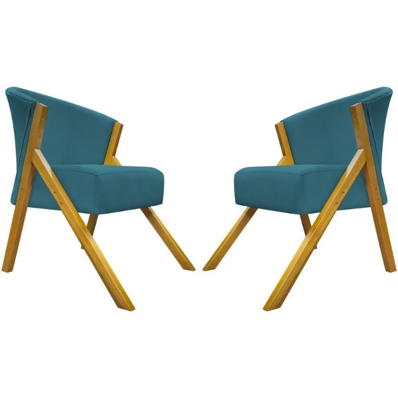 Kit 2 Poltronas Decorativa You Suede Braça Amadeirada - Azul-marinho Suede