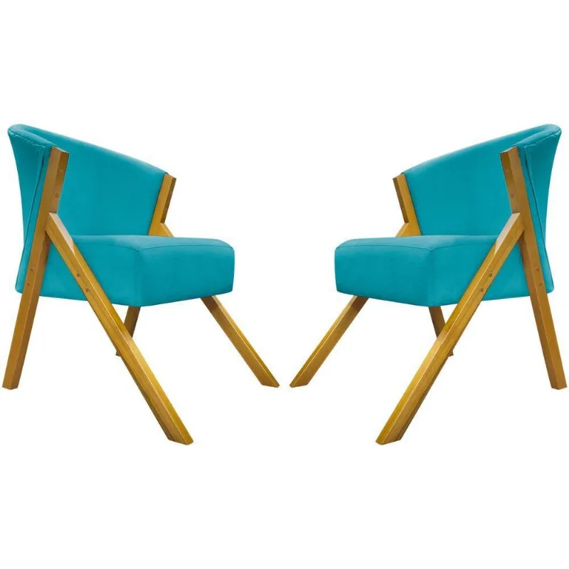 Kit 2 Poltronas Decorativa You Suede Braça Amadeirada - Azul-turquesa Suede