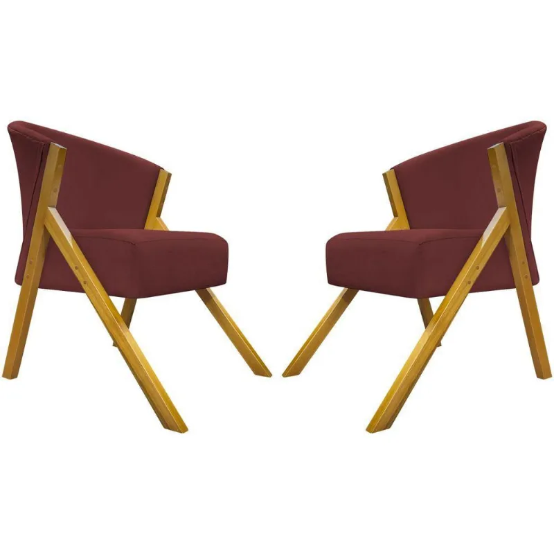 Kit 2 Poltronas Decorativa You Suede Braça Amadeirada - Bordô Suede