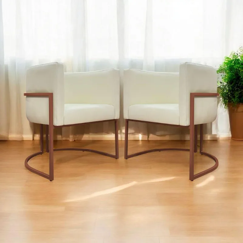 Kit 2 Poltronas Recepção Luna Base De Ferro Bronze - Bege Corino