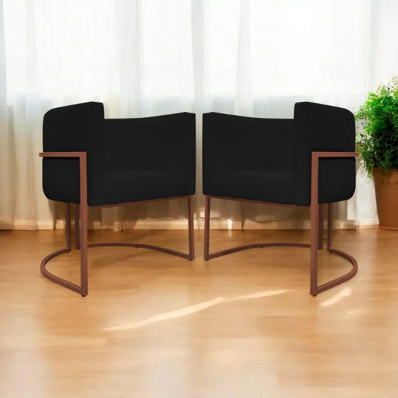 Kit 2 Poltronas Recepção Luna Base De Ferro Bronze - Preto Corino